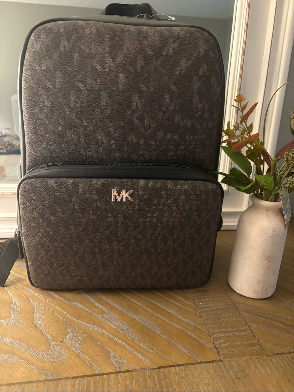 Michael Kors Brown MK Monogram Backpack with Black Trim